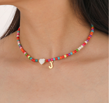Multi Color Initial Choker with Shell Heart