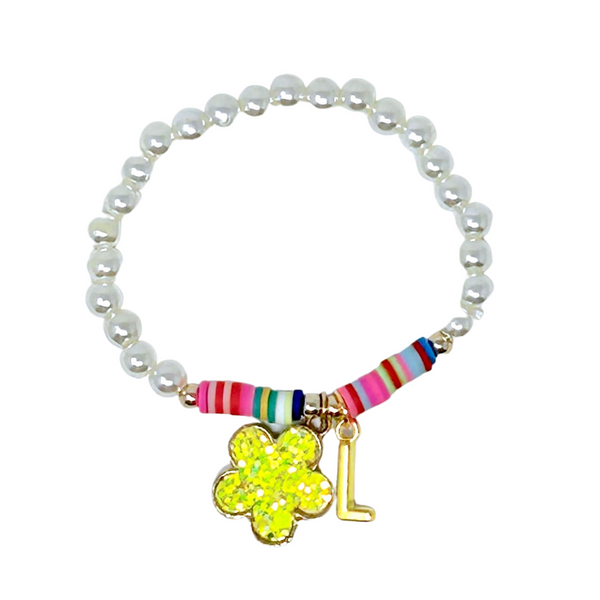 Pearl + Glitter Flower Stretch Bracelet w/ Initial